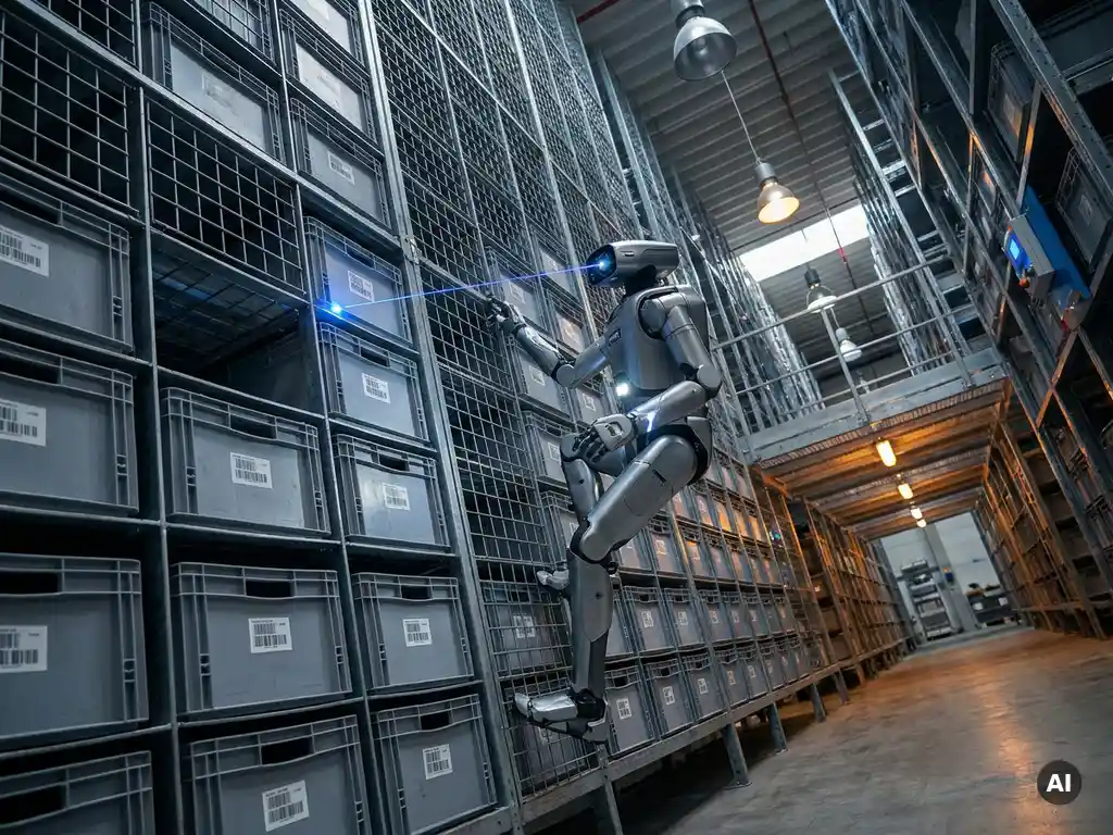 Autonomous robot climbing a towering hexagonal warehouse storage grid, scanning a tote with a blue laser beam in a 16-meter industrial facility.