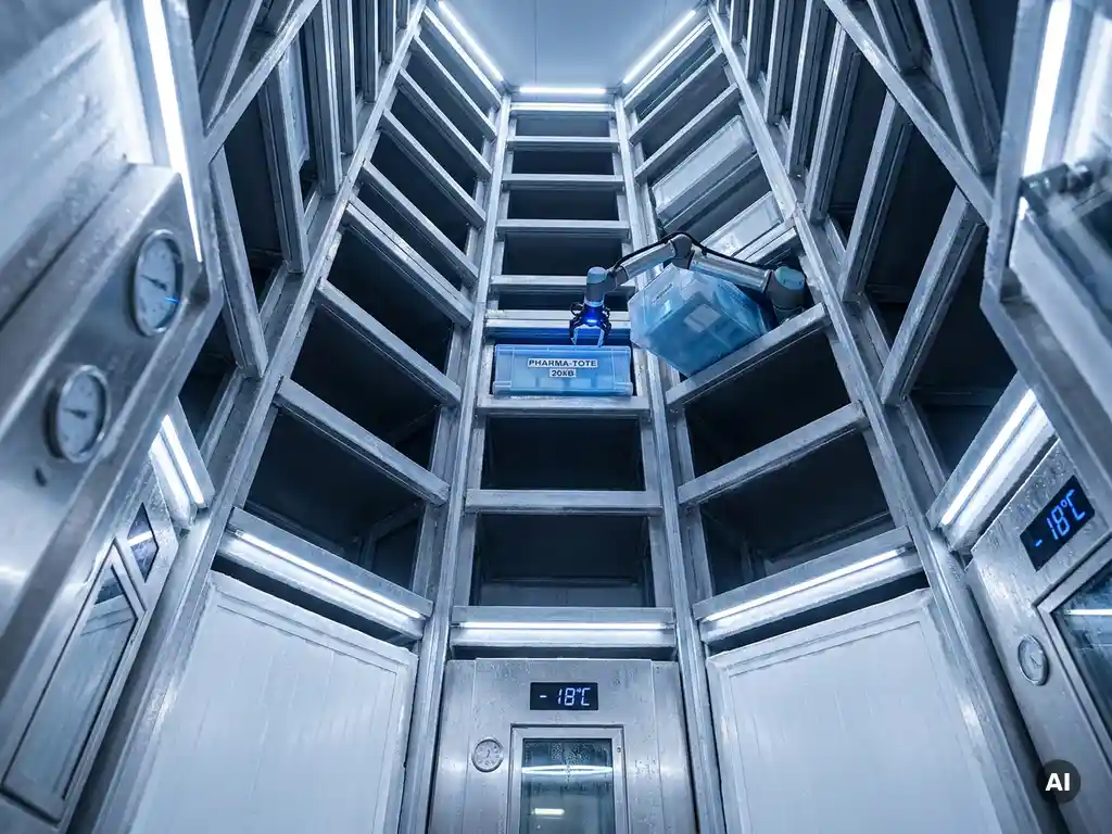 Autonomous robot retrieving a pharmaceutical tote from a frost-covered hexagonal cold-storage grid under cool blue-white clinical lighting.