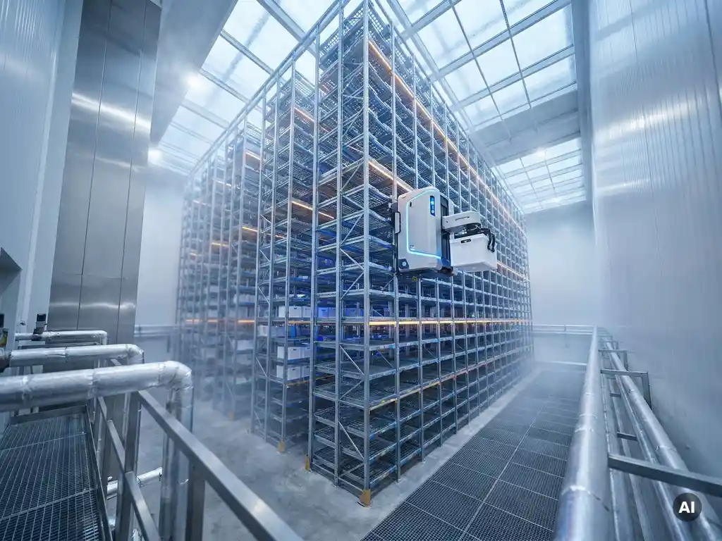 Autonomous robot climbing a floor-to-ceiling hexagonal storage grid to retrieve a pharmaceutical tote in a sterile cold-storage facility.