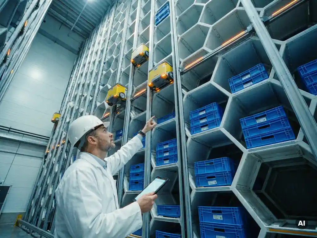 Regulatory inspector with digital clipboard reviewing pharmaceutical totes in a towering hexagonal robotic storage grid with autonomous robots climbing the structure.