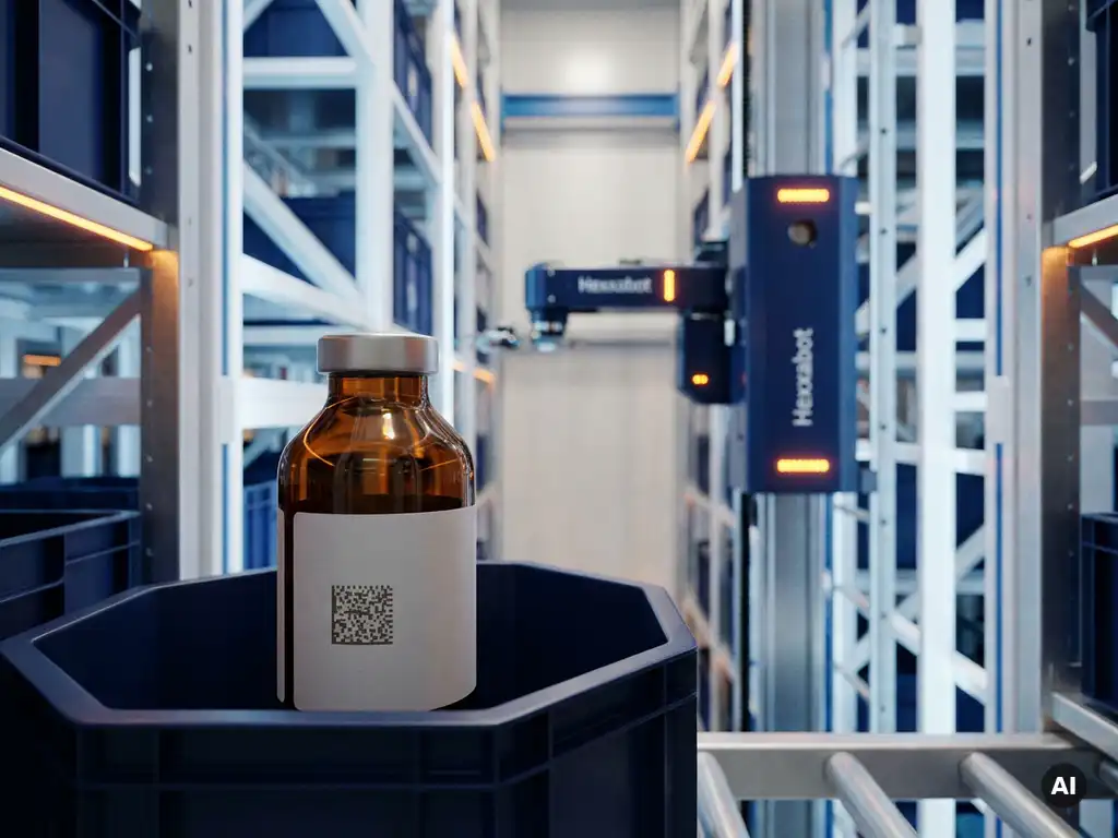 Sealed pharmaceutical bottle with data matrix code in a hexagonal tote inside an automated warehouse grid, with a Hexxabot climbing the structure behind it.