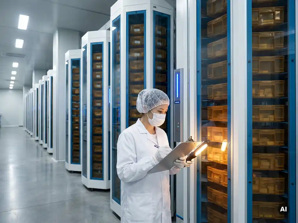 White-gloved pharmaceutical inspector with clipboard reviewing hexagonal storage towers of standardized medication totes in a sterile warehouse.