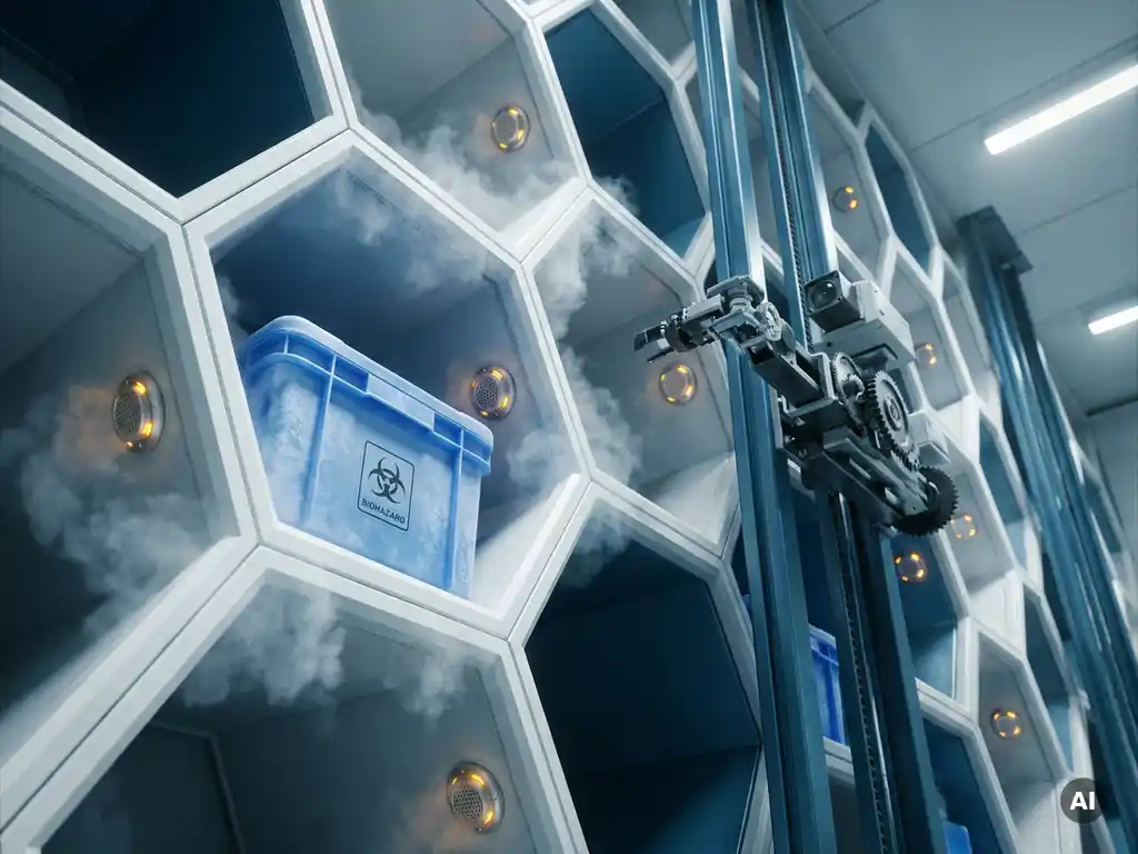 Sealed pharmaceutical tote stored in a hexagonal vertical cold-storage grid with humidity sensors, amber indicators, and an autonomous robot climbing the tower.