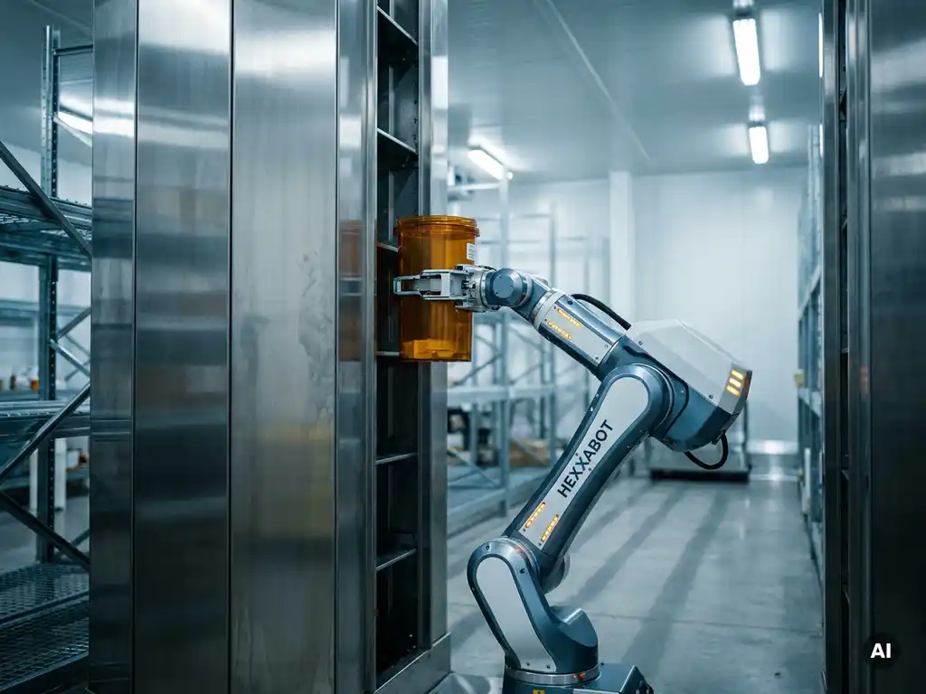 Hexxabot robotic arm gripping a hexagonal vertical storage tower holding a sealed pharmaceutical tote in a sterile warehouse.