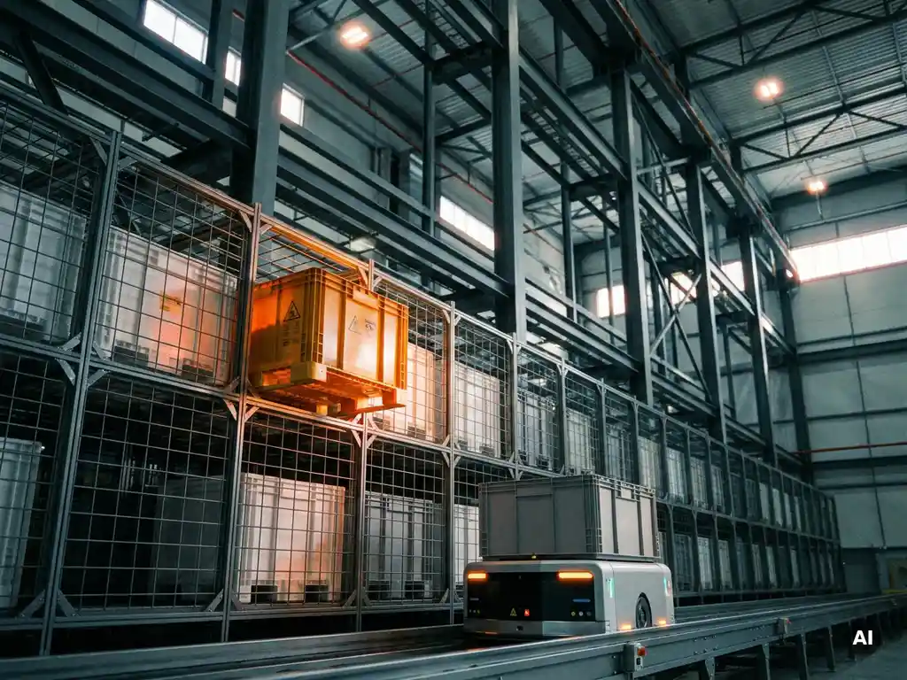 Quarantined pharmaceutical tote glowing under amber caution light in a towering hexagonal warehouse grid, autonomous robot paused nearby.