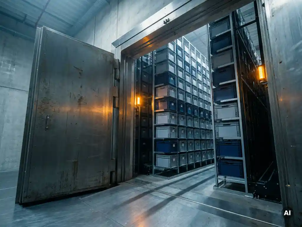 Heavy steel vault door ajar in an automated pharmaceutical warehouse, revealing hexagonal storage grid of drug totes under amber security lighting.