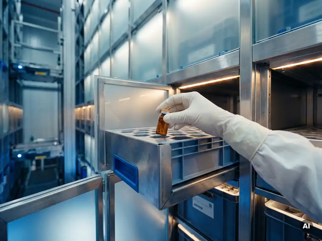 White-gloved technician placing a sealed pharmaceutical vial into a hexagonal tote inside an automated cold storage warehouse.