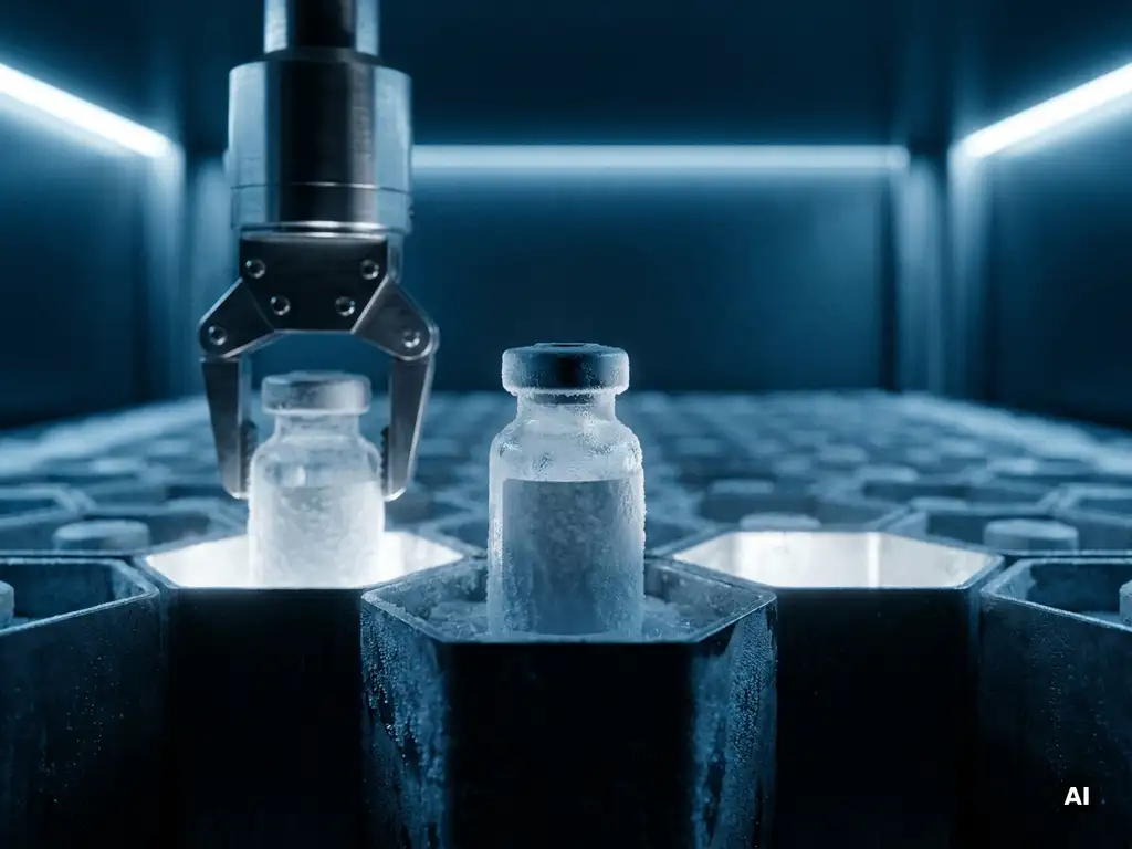 Frost-covered pharmaceutical vial in a hexagonal cold storage cell, with a robotic arm retrieving an adjacent vial in a deep blue automated freezer.