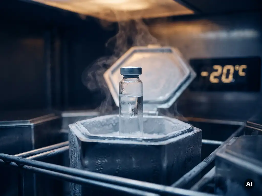 Pharmaceutical vial in frost-covered hexagonal cryogenic storage cell with cold vapor rising and digital temperature gauge nearby.
