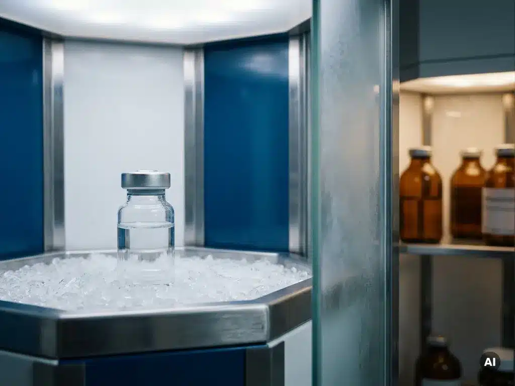Glass pharmaceutical vial on frost crystals in an arctic-blue cold storage cell, with amber medicine bottles visible in an adjacent warmer chamber.