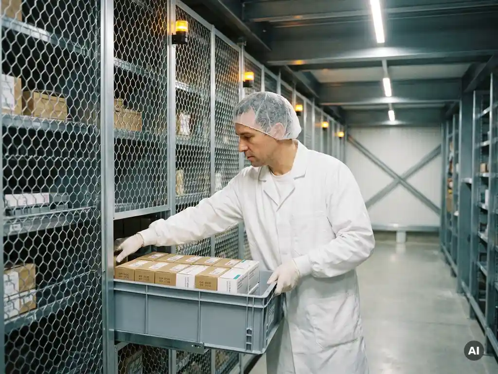 Pharmaceutical worker in white lab coat retrieving medication tote from automated hexagonal storage grid with visible expiration date labels.
