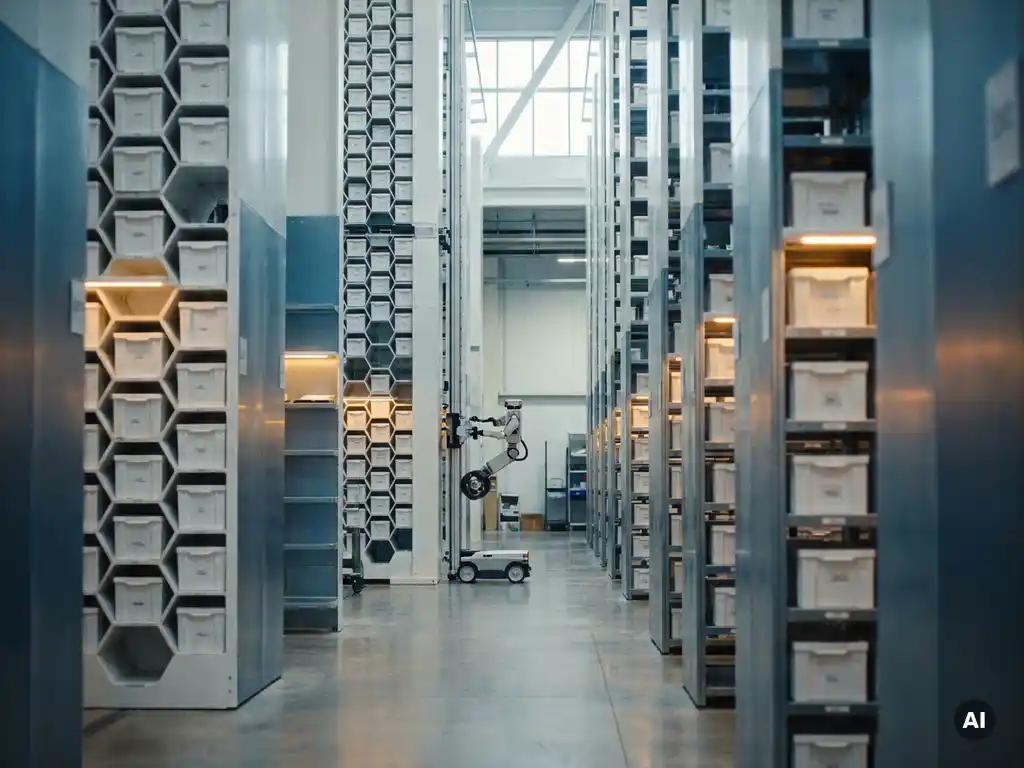 Autonomous robot climbing a vertical column in a pharmaceutical warehouse with hexagonal storage towers and white totes in honeycomb cells.