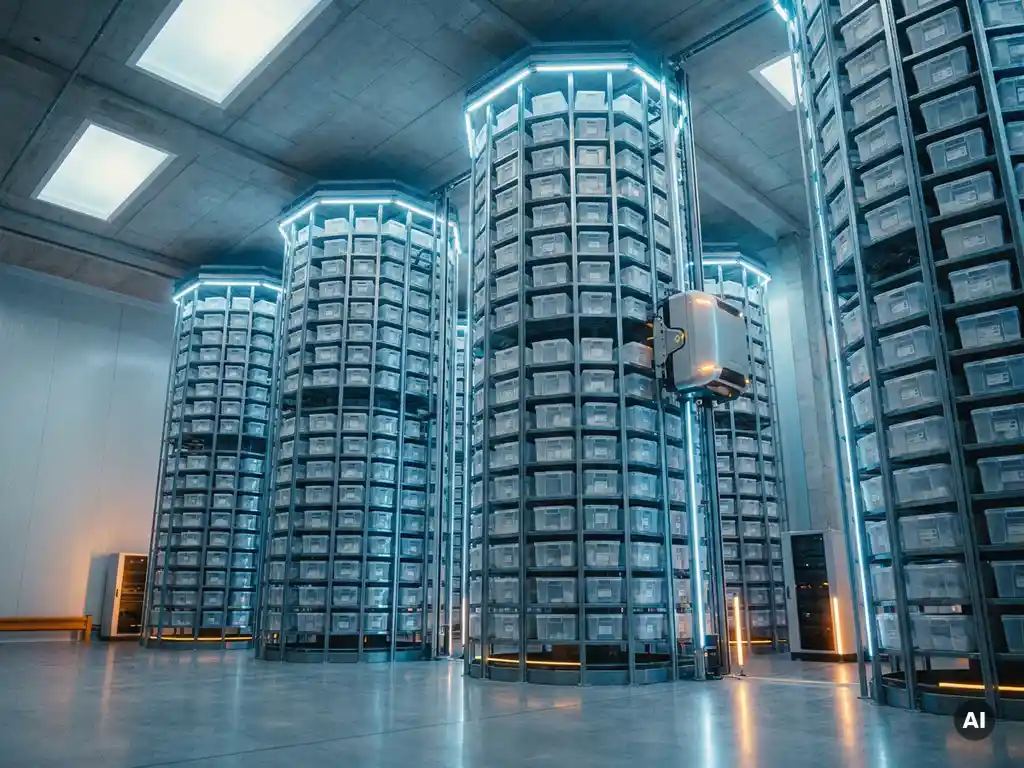 Autonomous robot climbing a vertical hexagonal storage tower in a pharmaceutical warehouse with honeycomb-organized white totes.