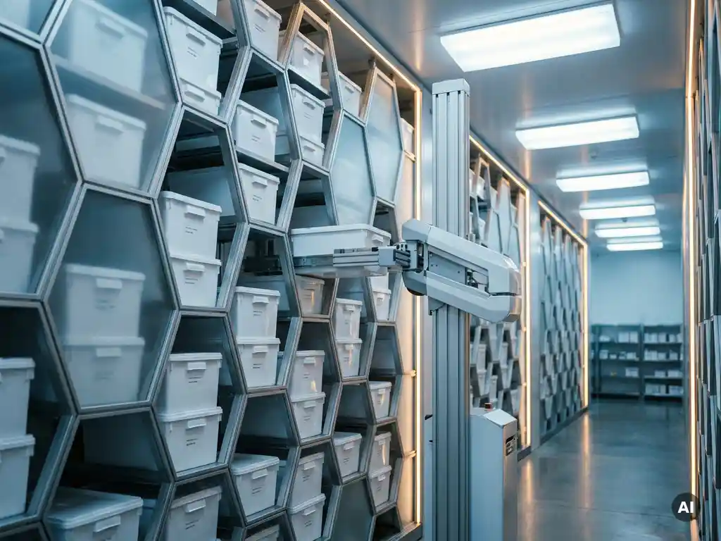 Autonomous robot climbing a tall hexagonal storage grid of sealed white totes in a climate-controlled pharmaceutical warehouse.