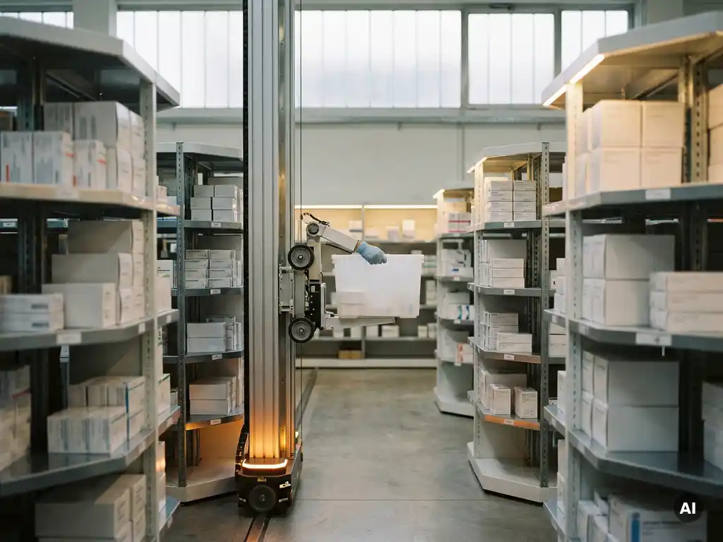 Autonomous robot climbing hexagonal storage tower in a pharmaceutical warehouse aisle to retrieve a white medical tote.