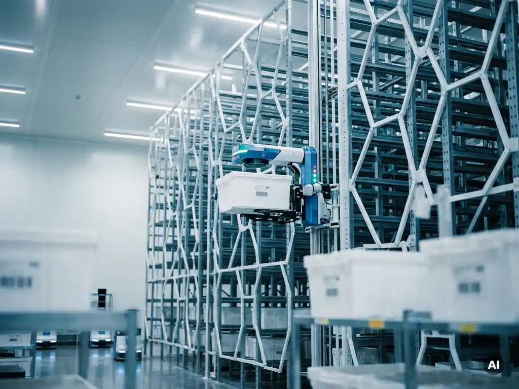 Autonomous robot climbing a hexagonal storage grid in a sterile pharmaceutical warehouse to retrieve a sealed white tote.
