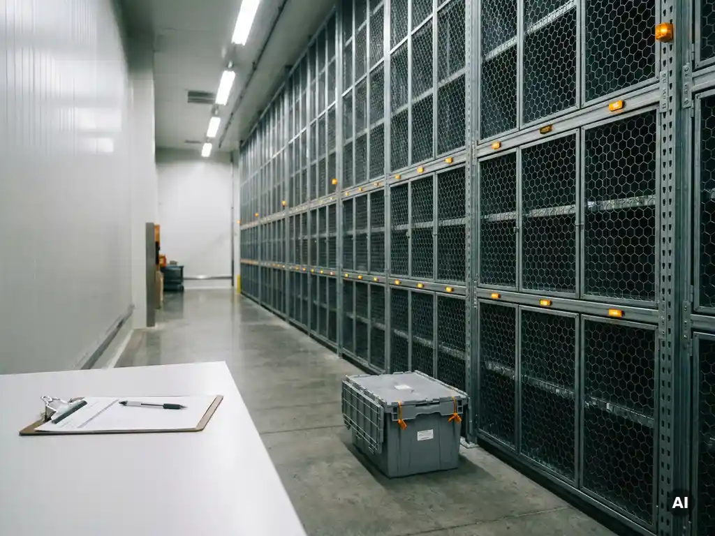 Sealed pharmaceutical tote beneath a hexagonal vertical storage grid in a clinical warehouse aisle, inspector's clipboard on white surface nearby.
