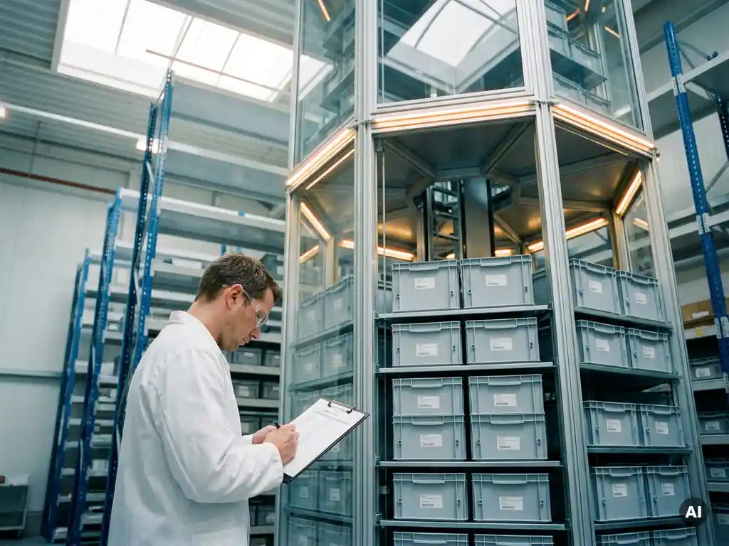 Pharmaceutical warehouse worker in a white lab coat reviewing a compliance log beside an automated hexagonal storage tower with organized medical totes.