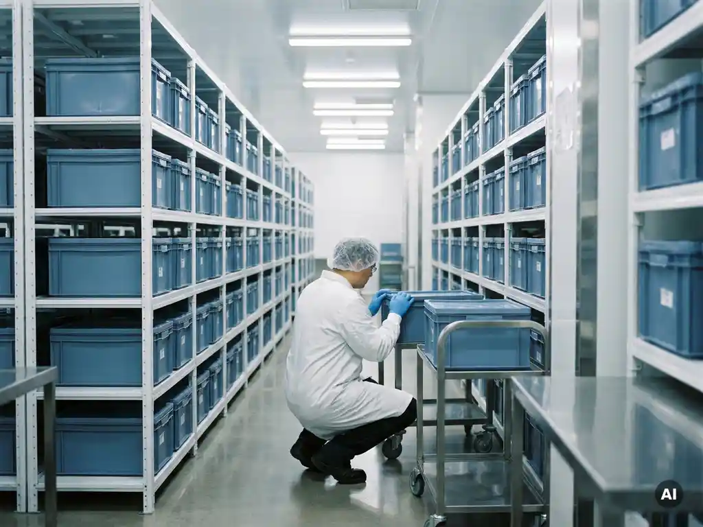 Pharmaceutical warehouse worker in white lab coat inspecting sealed tote container among sterile white shelving rows under fluorescent lighting.