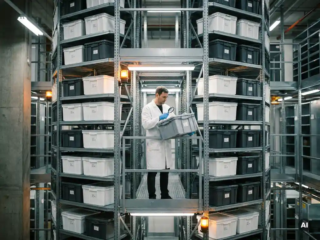 Pharmaceutical worker in lab coat and blue gloves inspecting a sealed tote inside a tall hexagonal vertical storage system.