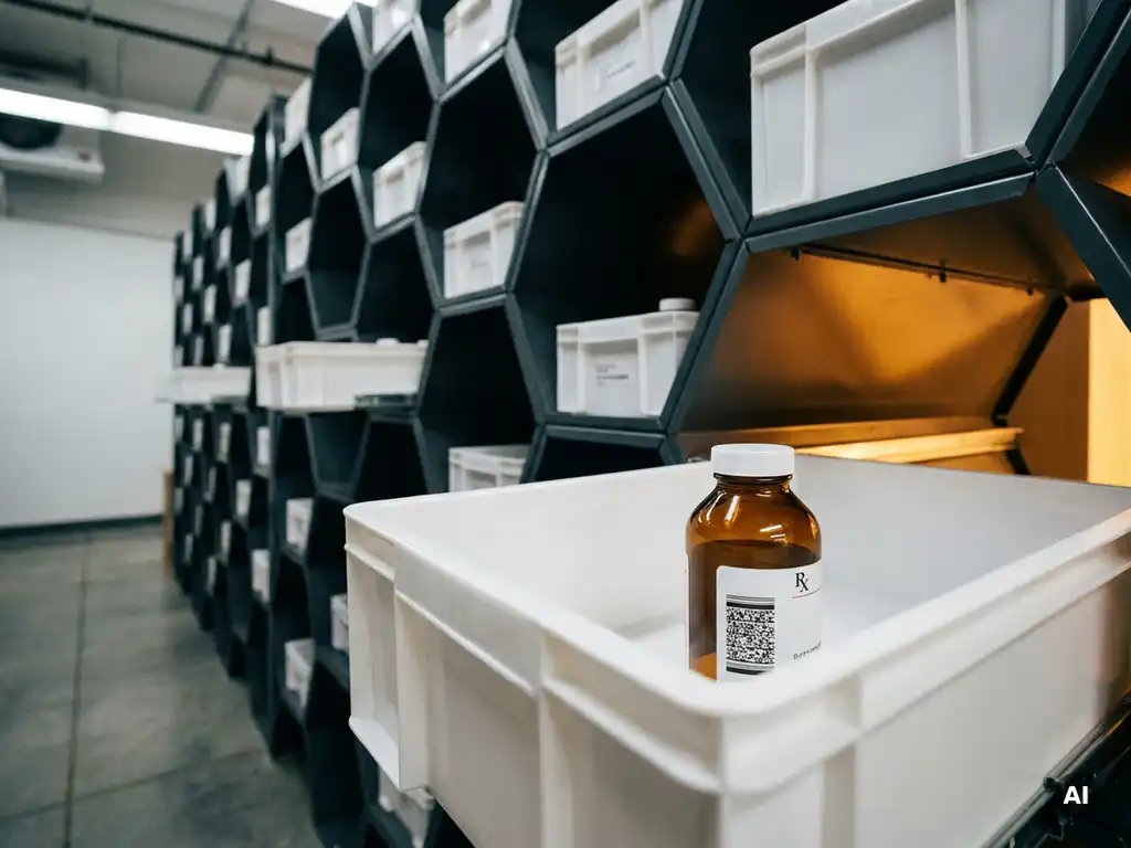 Pharmaceutical bottle with barcode label in a white storage tote, set against a hexagonal automated medication dispensing grid.