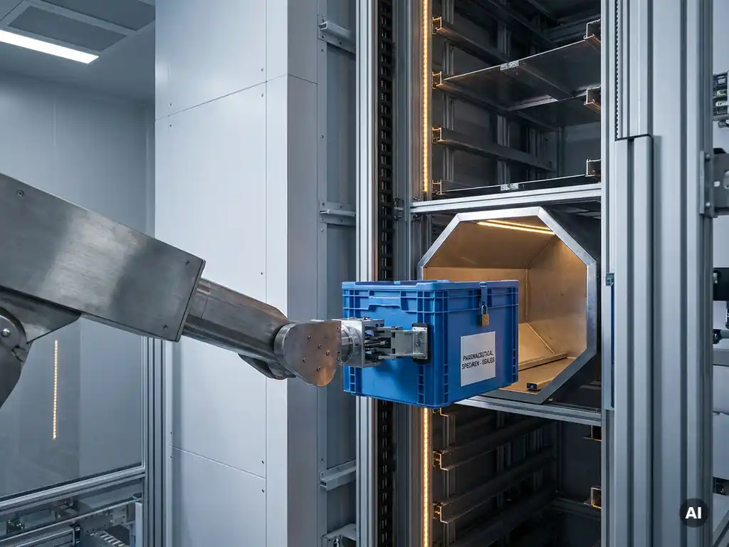 Robotic arm retrieving a sealed pharmaceutical tote from a hexagonal vertical storage grid in a sterile, blue-lit warehouse.
