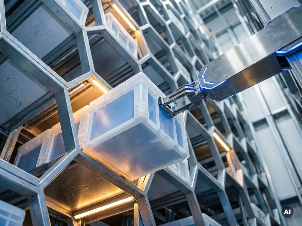 Robotic arm retrieving a sealed pharmaceutical tote from a towering hexagonal automated vertical storage system with amber accent lighting.