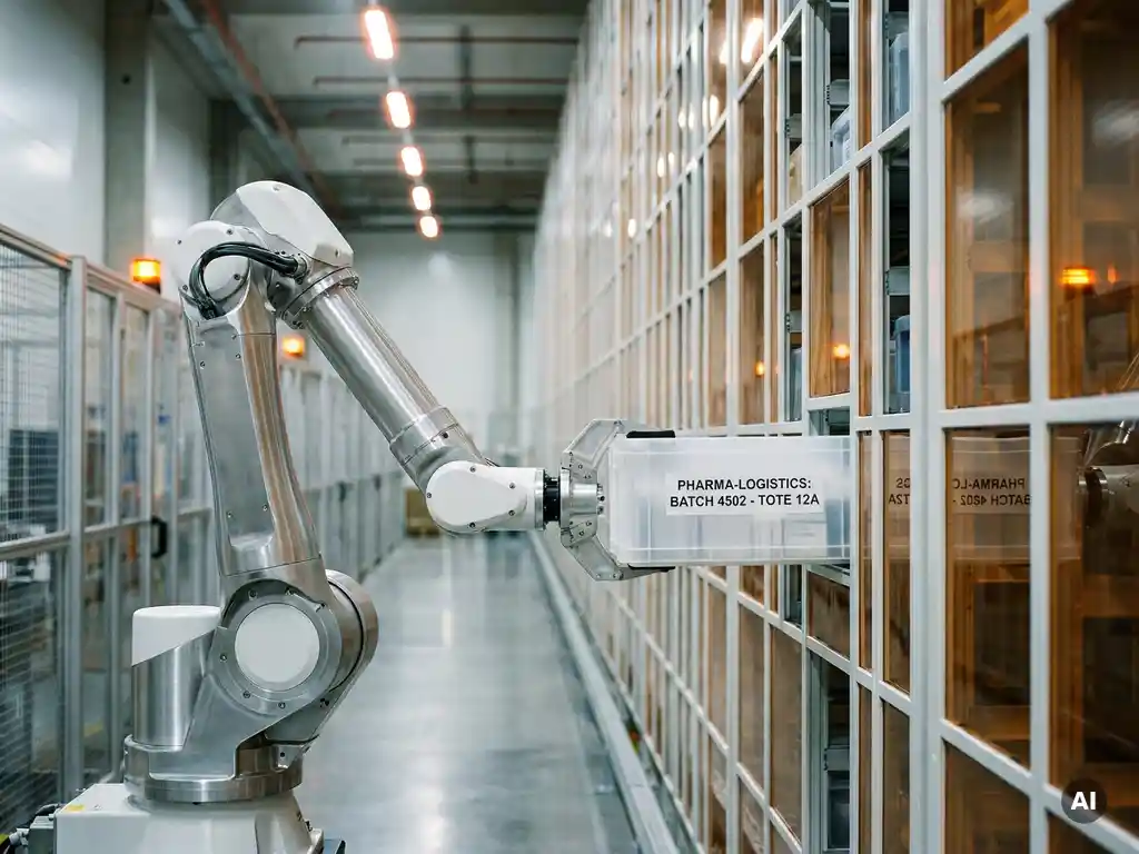 Robotic arm retrieving a pharmaceutical tote from a hexagonal vertical storage grid in a sterile warehouse.