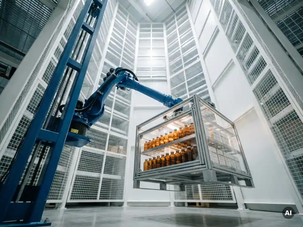 Robotic arm retrieving a pharmaceutical tote from a 16-meter hexagonal automated vertical storage system in a warehouse.
