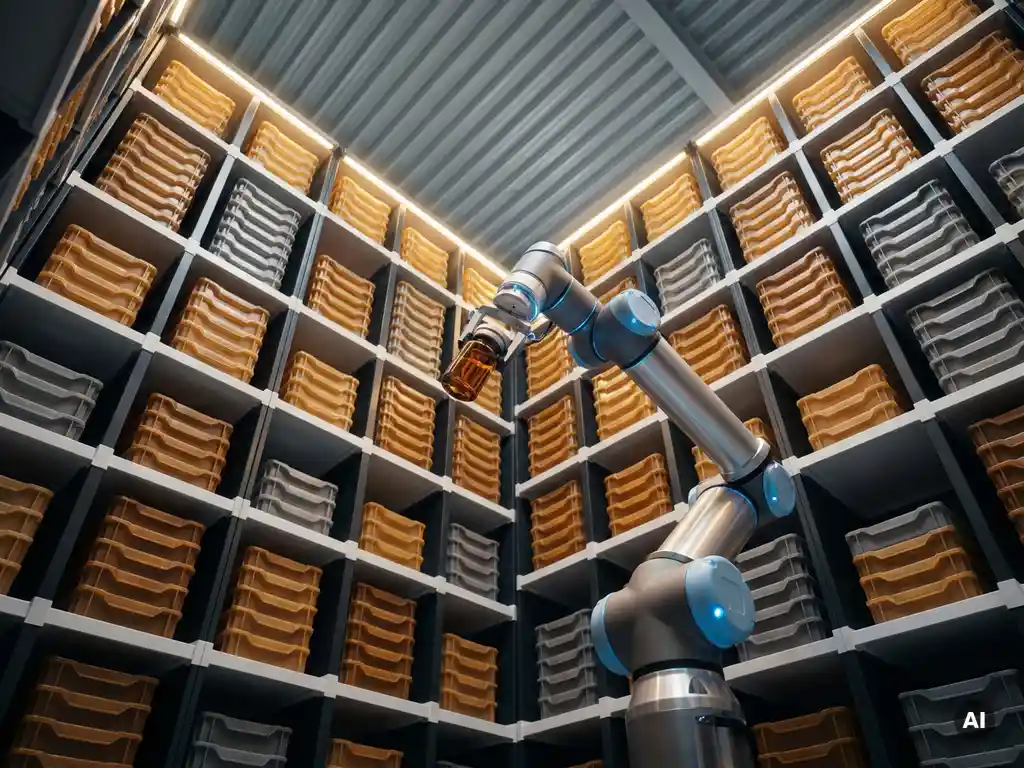 Robotic arm retrieving an amber pharmaceutical vial from a towering hexagonal automated storage grid in a sterile warehouse.
