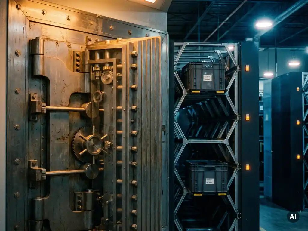 Steel vault door ajar inside a hexagonal automated pharmaceutical storage system with two labeled totes at different security tiers.